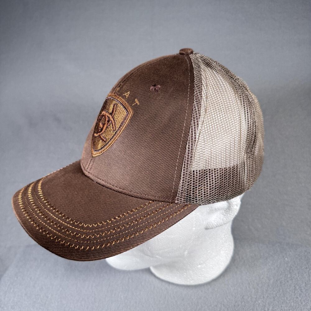 Ariat Hat Cap Strap Back Mens One Size Brown Tan Mesh Trucker Embroidered Shield - Picture 3 of 11